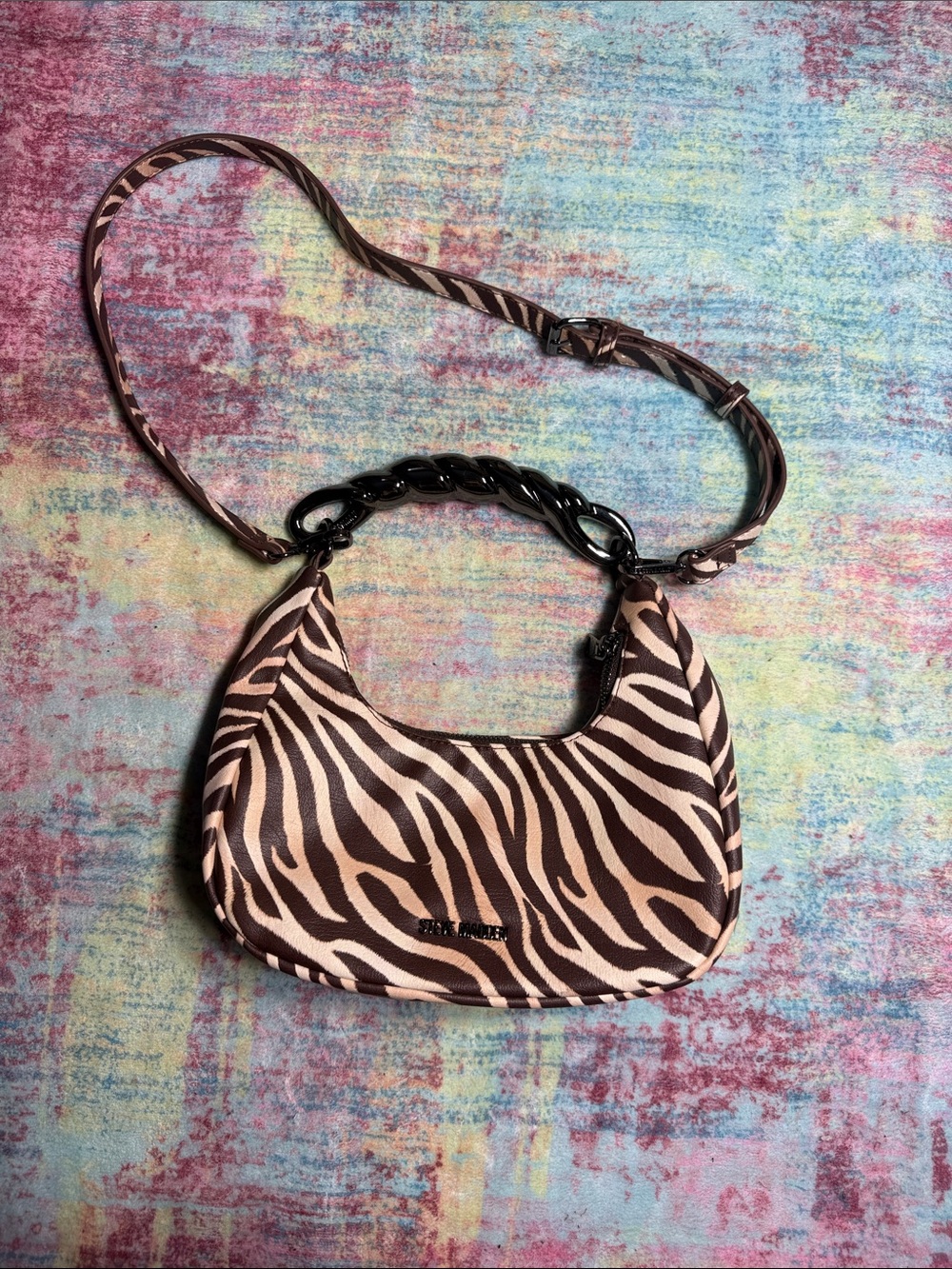 Steve Madden Brown and Cream Zebra Shoulder Bag with Chain Handle